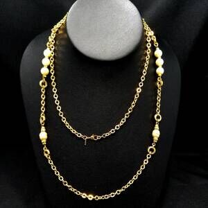 Vintage Monet Long Gold Chain Necklace Faux Pearls 1970s Sister Clasp 36"